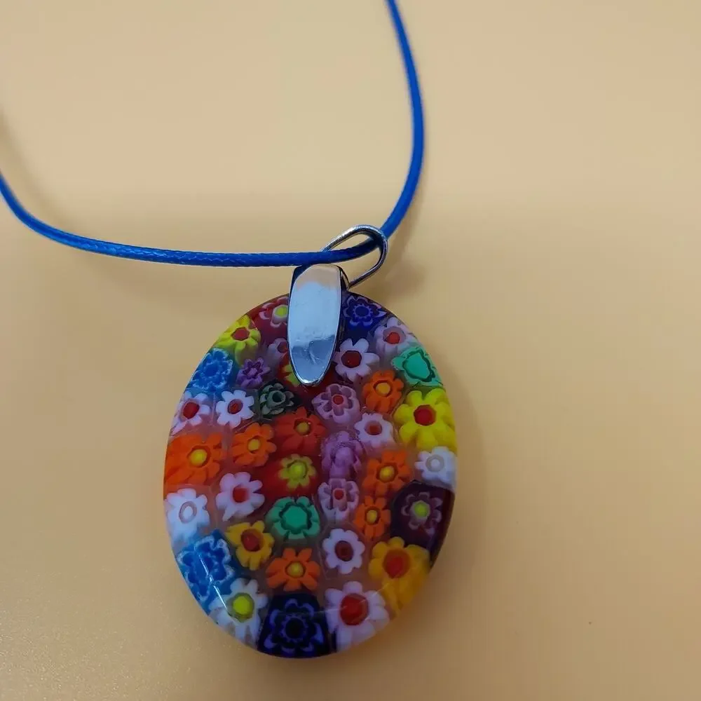 Glass Millefiori Pendant 2" drop Silver Tone Accents Colorful Italy Boho Artisan - Picture 4 of 9